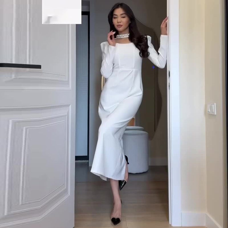 أوتوم إكسبورت فساتين نسائية مرصعة بالألماس ذات أكمام طويلة أنيقة ضيقة تحتضن الوركين وتنورة طويلة - Image 5