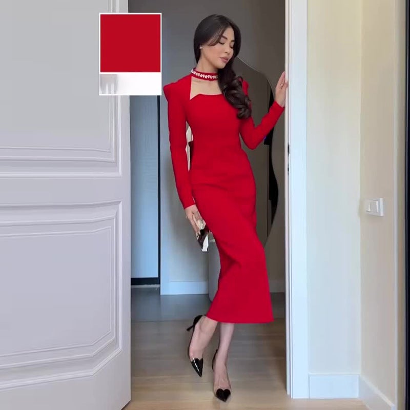 أوتوم إكسبورت فساتين نسائية مرصعة بالألماس ذات أكمام طويلة أنيقة ضيقة تحتضن الوركين وتنورة طويلة - Image 4