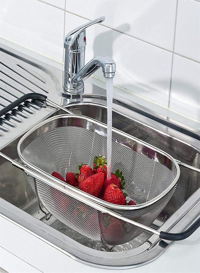 Krivon Over-The-Sink Colander – 4 Quart Stainless Steel Expandable Strainer Basket with Rubber Grip Handles, Fine Mesh for Rinsing, Draining & Washing Produce and Pasta (27 x 19 x 11cm) (Silver) - Image 2