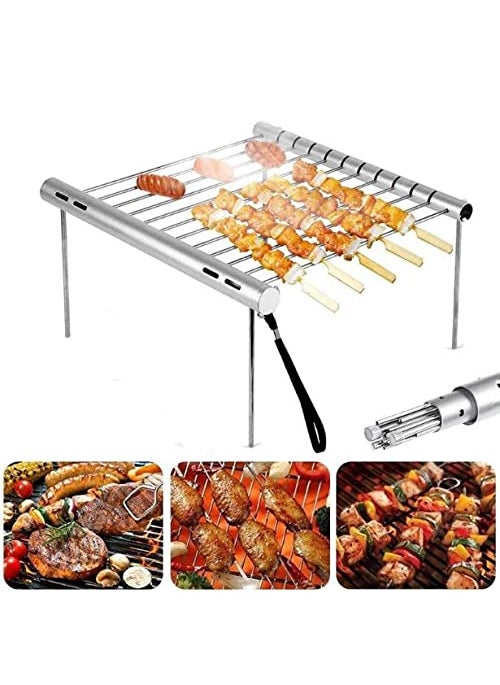 Mokshith Mokshith Portable Stainless Steel BBQ Grill Folding Barbeque Cooking Rack Detachable Camping Fire Pit Outdoor Camping Picnic Cooking Supplies for Backpacking Hiking Travel Picnic Barbecue  - Image 1