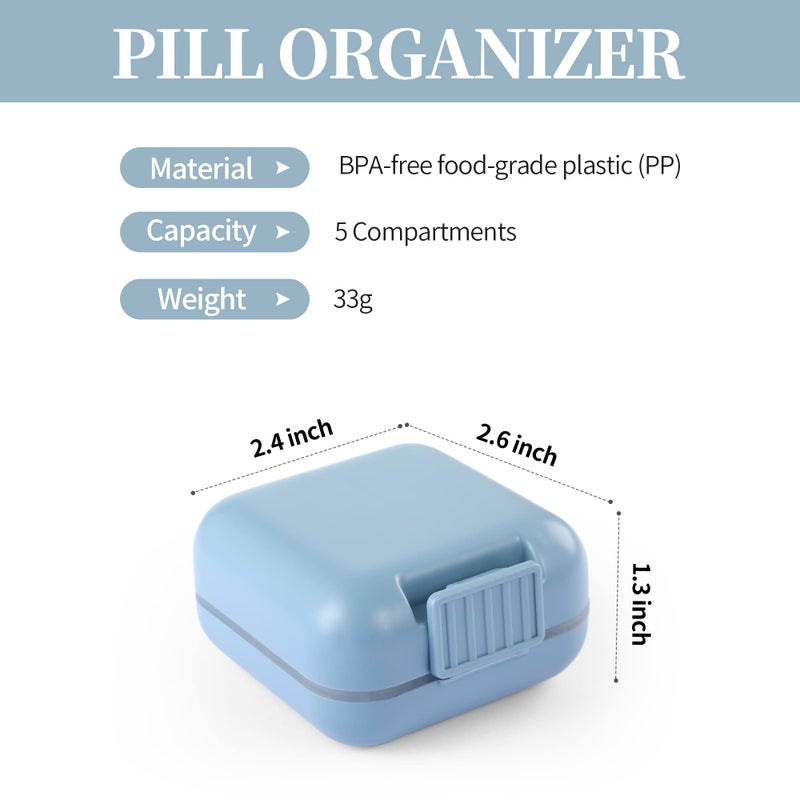 Dynippy Daily Pill Organizer 5 Compartments Portable Moisture Proof Small Pill Case for Pocket Purse Travel Pill Box Portable Medicine Vitamin Fish Oil Holder Container (Blue) - Image 2
