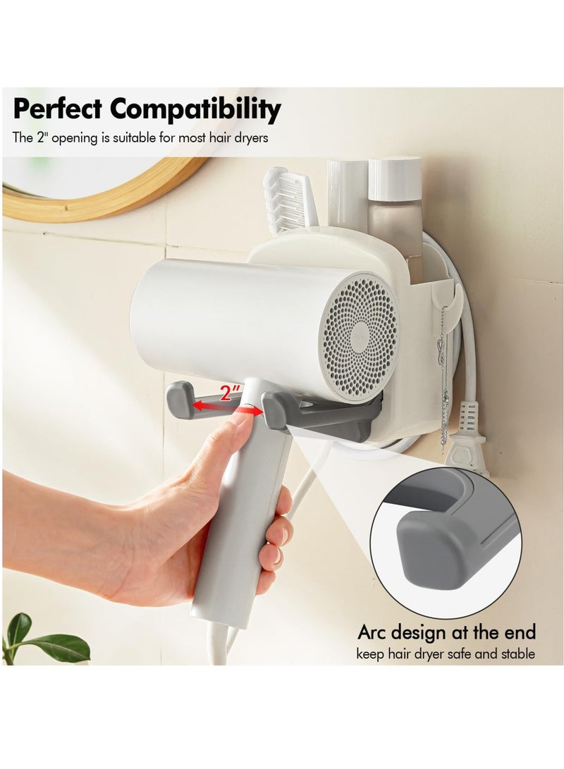Wall Mounted Hair Dryer Holder, Foldable Blow Dryer Rack with Storage Box, Hair Styling Product Care Tool Organizer, Bath Supplies Accessories Tray Stand (Off-White) - Image 3