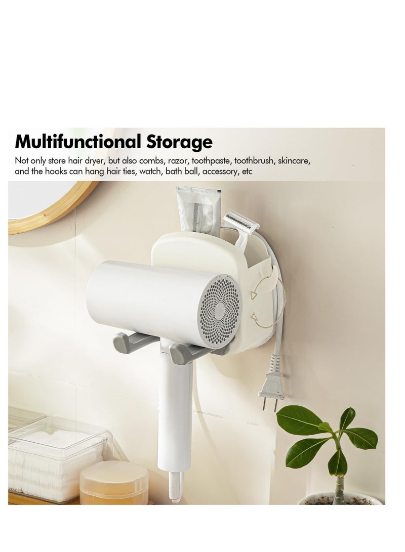 Wall Mounted Hair Dryer Holder, Foldable Blow Dryer Rack with Storage Box, Hair Styling Product Care Tool Organizer, Bath Supplies Accessories Tray Stand (Off-White) - Image 2