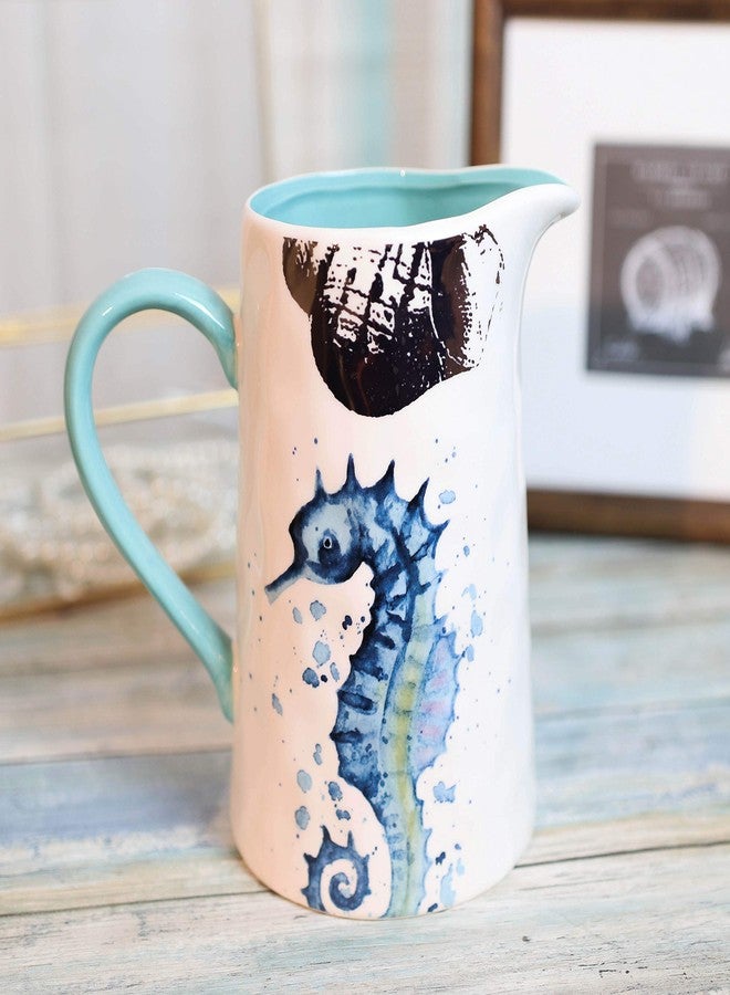 Ebros Gift Ebros Nautical Marine Coastal Sea Life Blue And White Seahorse Ceramic Dinnerware For Beach Party Hosting Kitchen And Dining Earthenware Serveware (Hot/Cold Drink Jug Pitcher 35oz) - Image 1