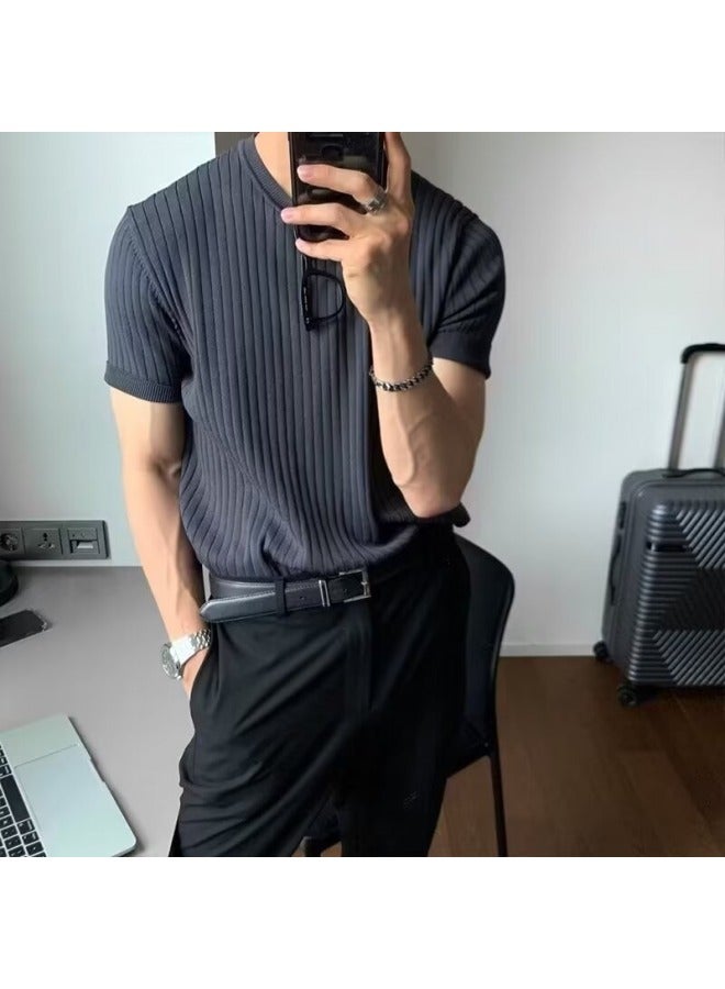 Ice Silk Knit Short Sleeve T-Shirt – Slim Fit, Stretch, Korean Style