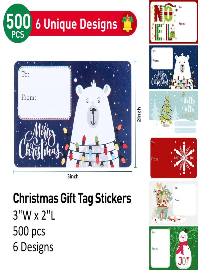 SUNCOLOR Christmas Gift Labels, Self-Adhesive Holiday Present Tags, 500 Count, 6 Festive Designs, 3x2 Inch, to-from Format - Image 2