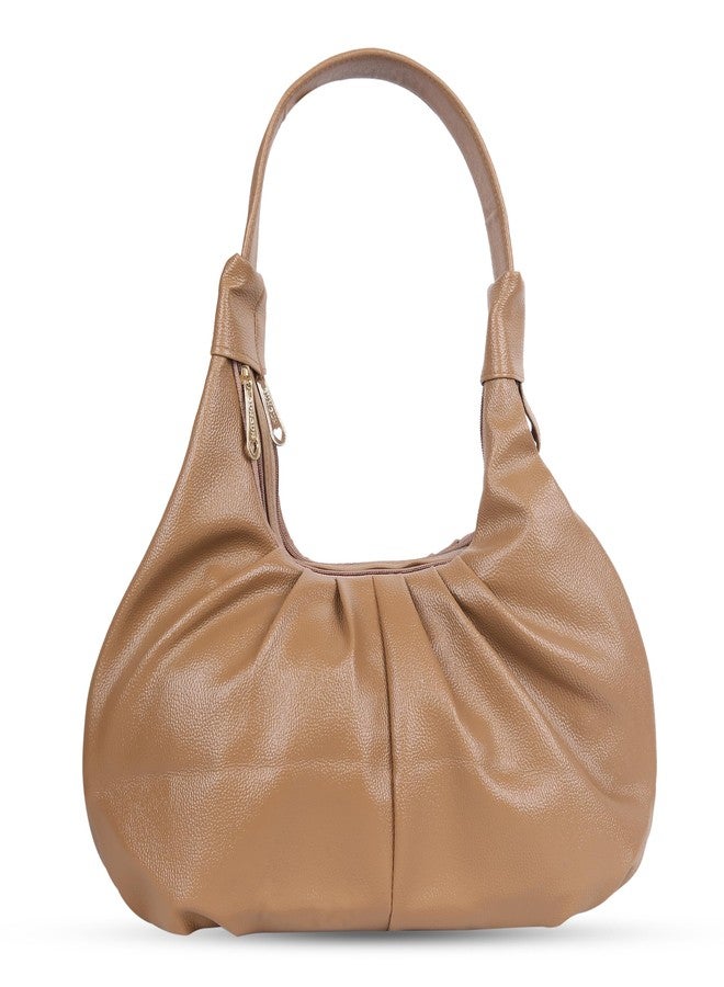 Dcozi Casual & Stylish Hobo Bag for Women & Girls- Soft Pleated PU Leather Shoulder Handbag with Zipper Closure | For Use Office & Everyday Purse (TB16) (Light Brown) - Image 1