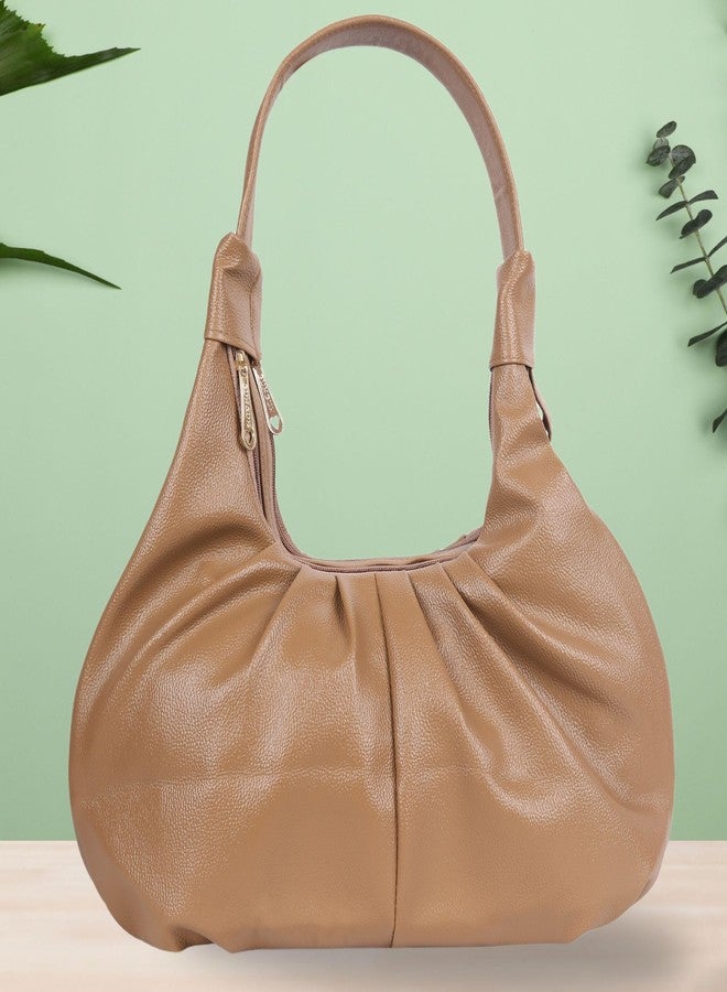 Dcozi Casual & Stylish Hobo Bag for Women & Girls- Soft Pleated PU Leather Shoulder Handbag with Zipper Closure | For Use Office & Everyday Purse (TB16) (Light Brown) - Image 2