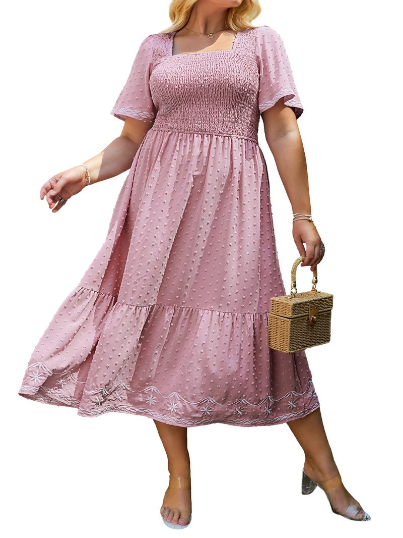 Glamaker Women's Plus Size Summer Casual Short Sleeve Smocked Square Neck A Line Flowy Midi Dress Long Dress Pink 2XL - Image 1