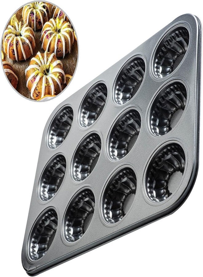 Yomvzake Mini Bndt Cake Pan 2 Pack, Nonstick Brownie Bowl Pan 12-Cavity Fluted Small Round Cake Tray Shortcake Pan Mold for Fall Baking Thanksgiving Muffin Bavarois, Carbon Steel Cake Pan - Image 3