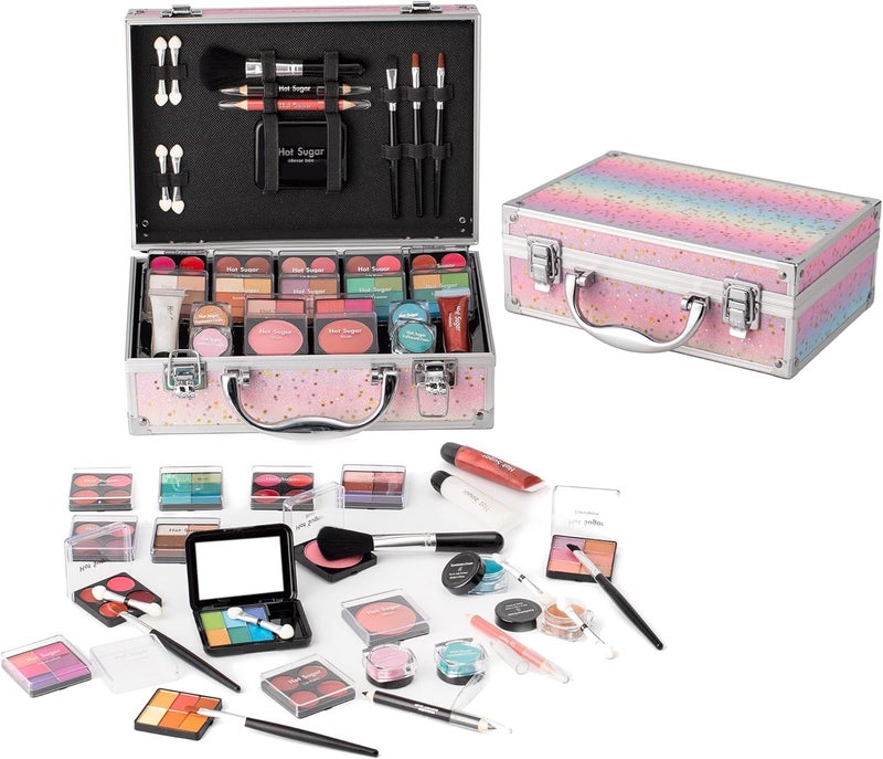 Hot Sugar Girls Makeup Set Complete Starter Cosmetics Kit with Eye Shadow Lip Balm Blush Lip Gloss Brushes Eye Pencils and Mirror Rainbow