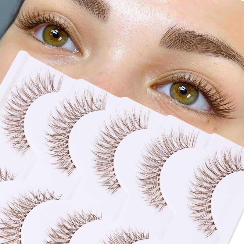 Newcally Brown Lashes Natural Look Cat Eye Lashes Brown Eyelashes Faux Mink False Lashes Wispy Volume C-curly Short False Eyelashes with Clear Band by Newcally - Image 1
