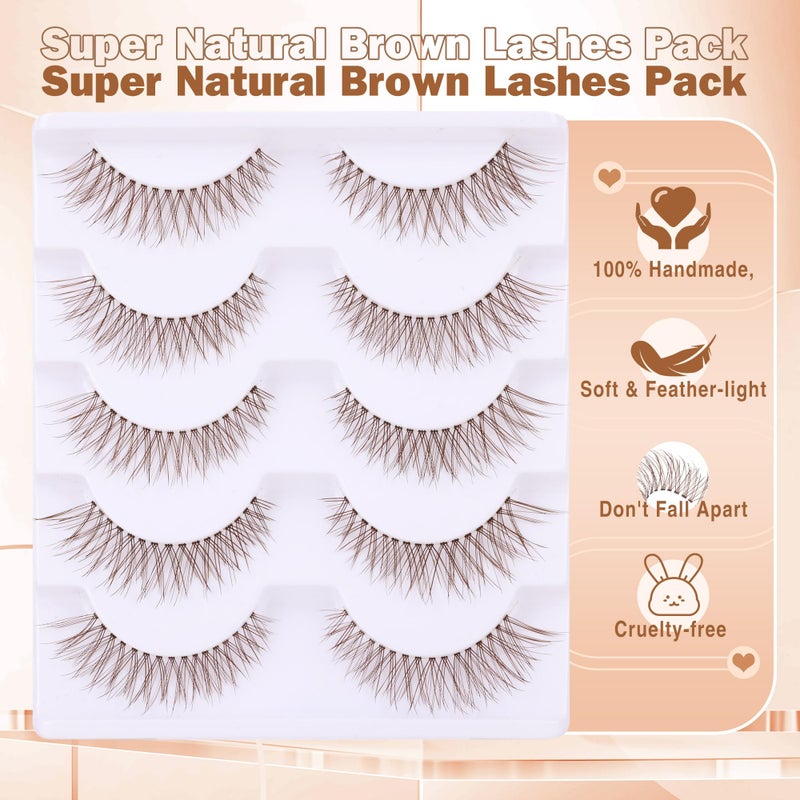 Newcally Brown Lashes Natural Look Cat Eye Lashes Brown Eyelashes Faux Mink False Lashes Wispy Volume C-curly Short False Eyelashes with Clear Band by Newcally - Image 2