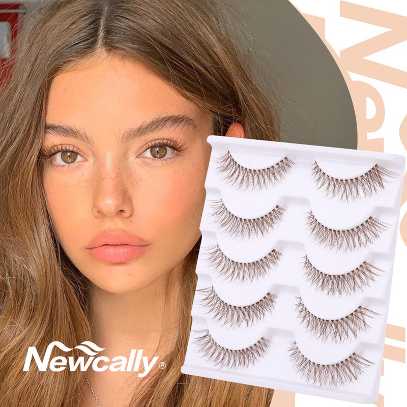 Newcally Brown Lashes Natural Look Cat Eye Lashes Brown Eyelashes Faux Mink False Lashes Wispy Volume C-curly Short False Eyelashes with Clear Band by Newcally - Image 5