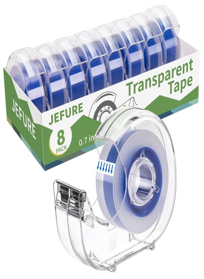 JEFURE 8 Pcs Transparent Tape with Dispenser, 0.7 x 1000 in Blue Core Clear Tape Rolls Bulk, Office Tape Refills for Desk, Craft, and Gift Wrapping - Image 1
