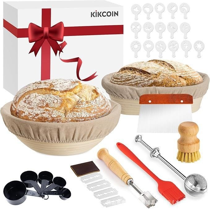 Rattan Banneton Proofing Basket Set with Scraper, Dough Whisk, Scoring Tool, Brush, and Stainless Steel Scraper for Bread Making
