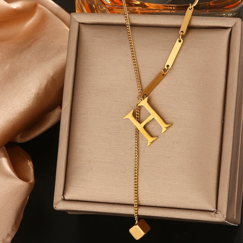 Vital Titanium Steel Tassel Collarbone Necklace for Women, 26 Letter Initial Pendant, Fade-Resistant Minimalist Jewelry