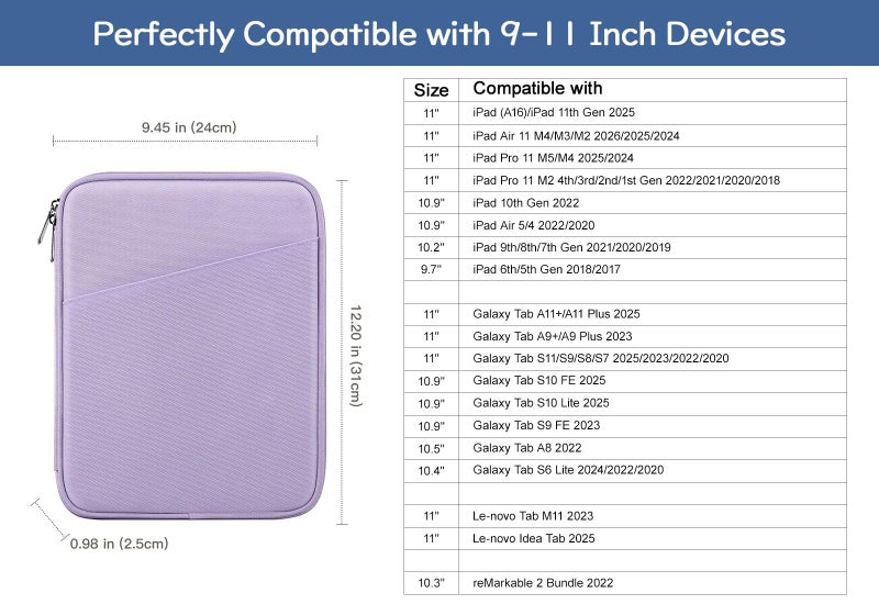 Dadanism 9-11" Tablet Sleeve Bag Carrying Case for iPad (A16) 11th Gen 11", iPad 10th Gen 10.9" Air 5/4, iPad Air M4/Pro 11", iPad 9/8/7th, Galaxy Tab A11+ Plus 11", Remarkable 2 10.3", Grey Purple - Image 2