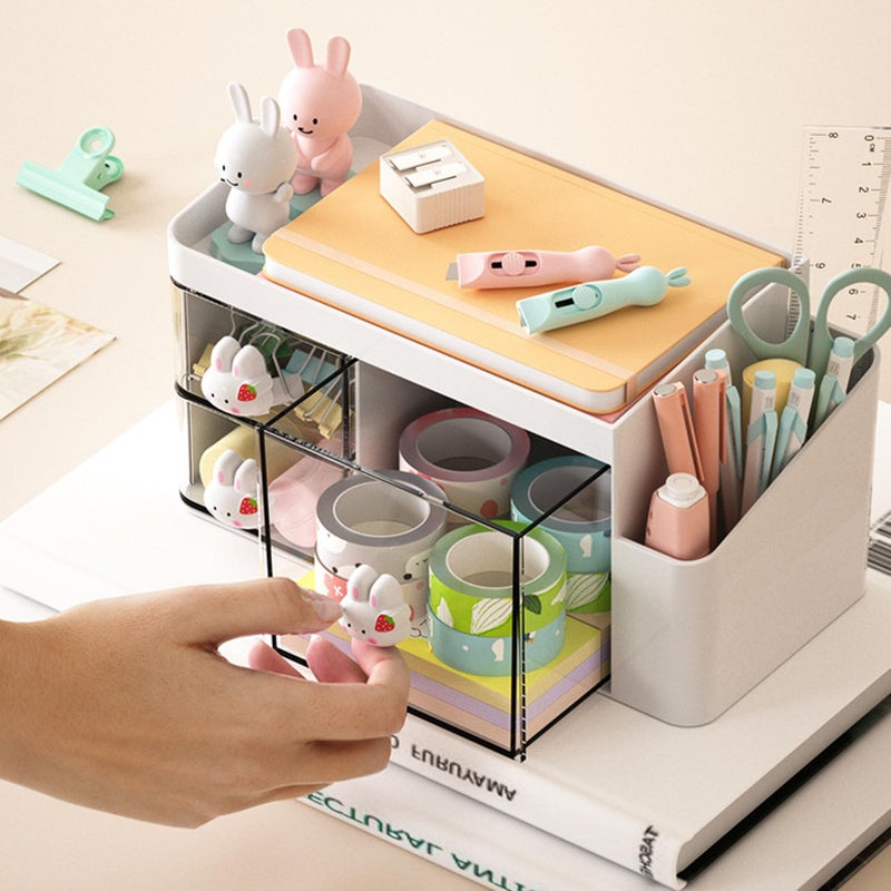 Zyners Desk Organizer with Pencil Holder and 3 Drawers, Desk Accessories Holder for Desk, Desktop Stationery Organizer for Office Home School Dressing Table(Rabbit Handle) - Image 4