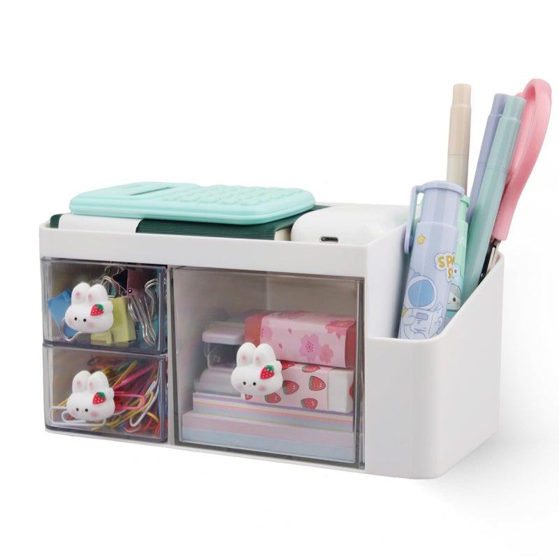 Zyners Desk Organizer with Pencil Holder and 3 Drawers, Desk Accessories Holder for Desk, Desktop Stationery Organizer for Office Home School Dressing Table(Rabbit Handle) - Image 1