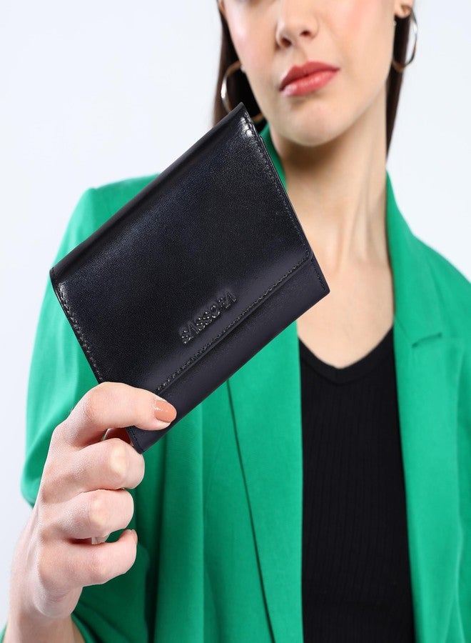 Sassora Genuine Leather RFID Blocking Tri-Fold Wallet for Women | High Capacity Clutch with Card Slots, ID Window & Coin Pocket | Secure & Stylish Ladies Purse (Black) - Image 4