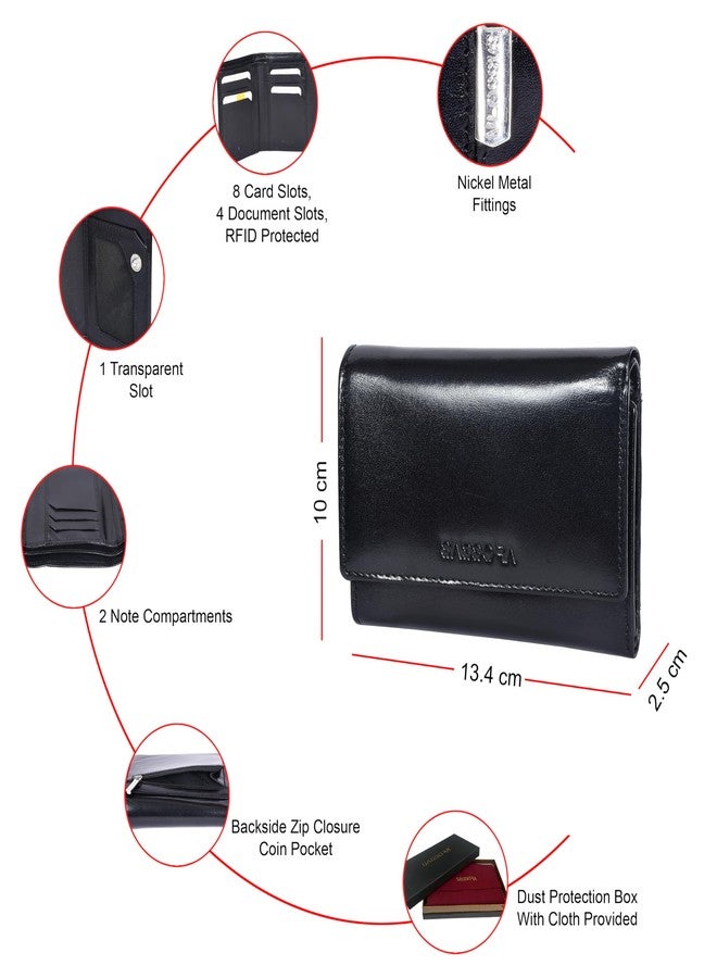 Sassora Genuine Leather RFID Blocking Tri-Fold Wallet for Women | High Capacity Clutch with Card Slots, ID Window & Coin Pocket | Secure & Stylish Ladies Purse (Black) - Image 3