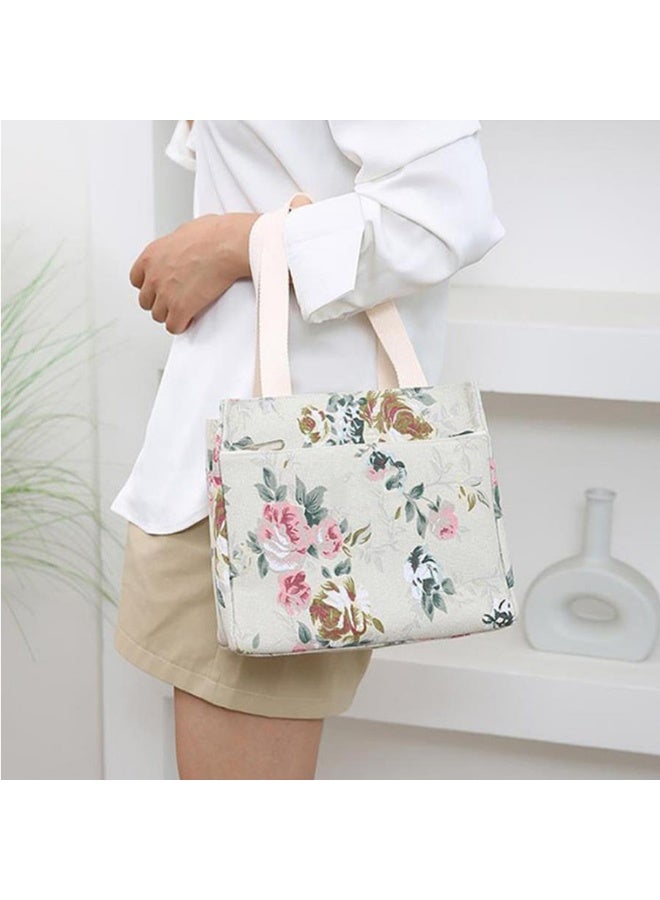 Ladies portable printed large-capacity lunch insulation tote bag-pink flower - Image 5