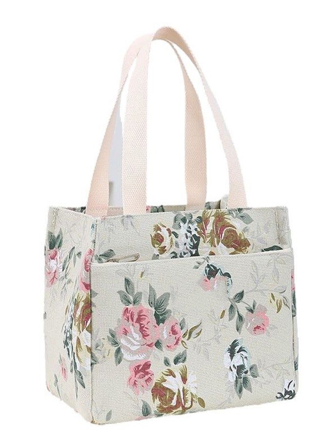 Ladies portable printed large-capacity lunch insulation tote bag-pink flower - Image 1