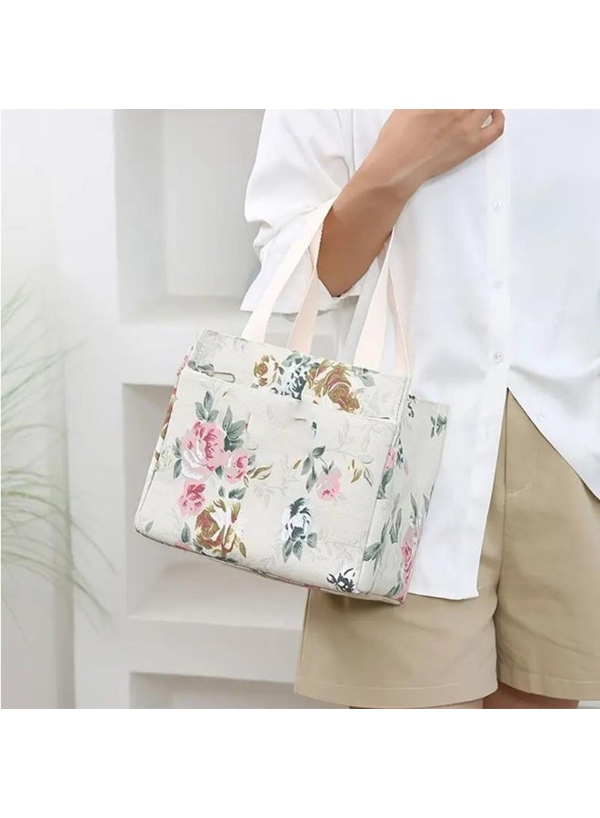 Ladies portable printed large-capacity lunch insulation tote bag-pink flower - Image 2