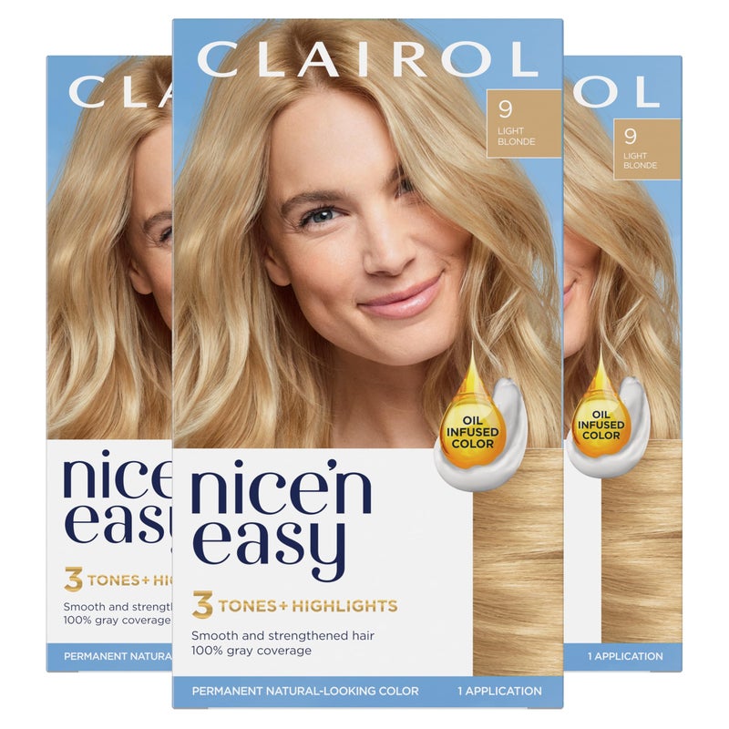 Clairol Nice'n Easy Permanent Hair Dye, 9 Light Blonde Hair Color, 3 Count - Image 1