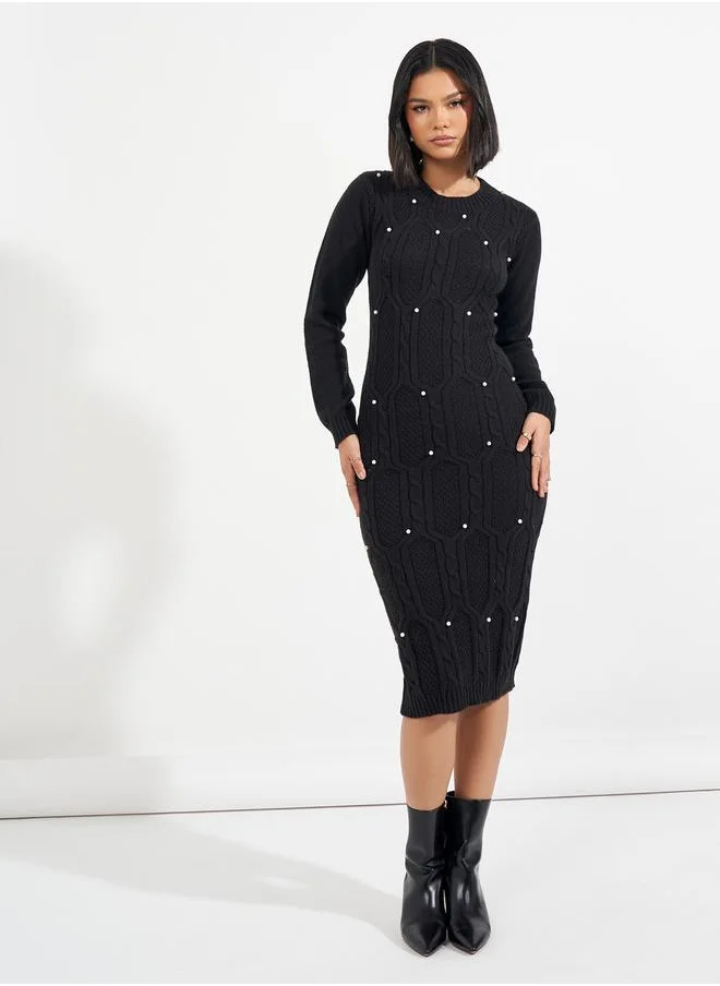 Styli Chunky Cable Knit Embellished Sweater Midi Dress