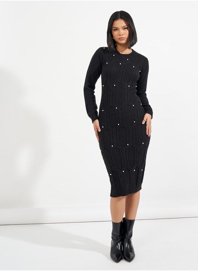 Styli Chunky Cable Knit Embellished Sweater Midi Dress  - Image 1