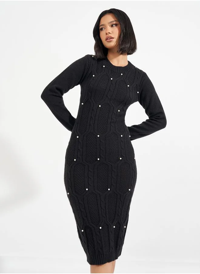 Styli Chunky Cable Knit Embellished Sweater Midi Dress