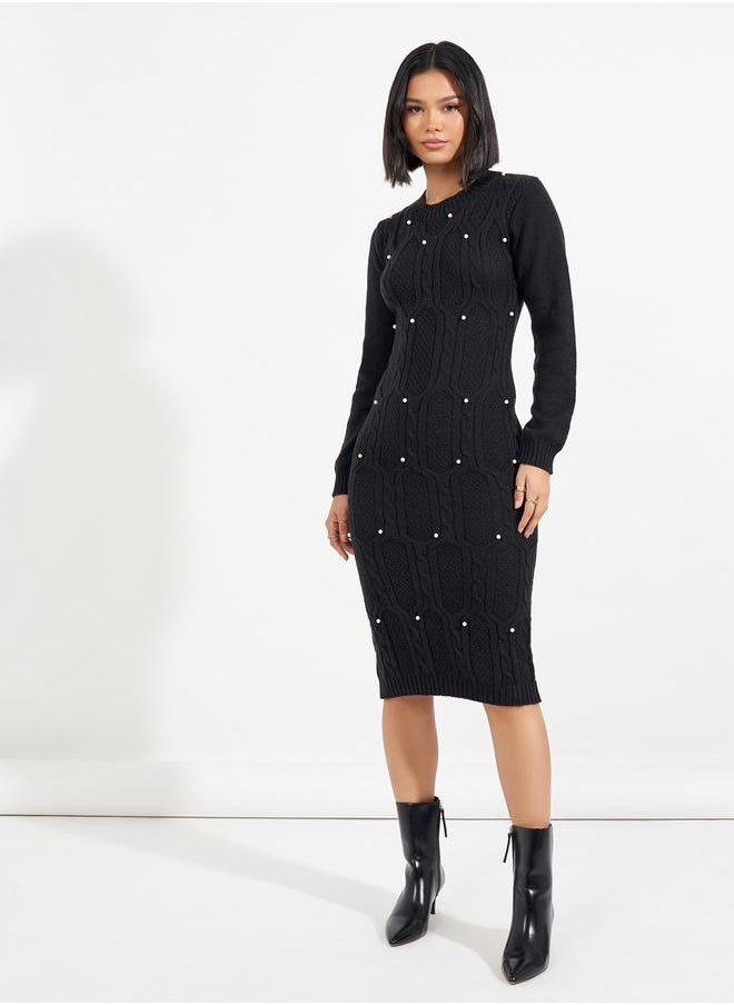 Styli Chunky Cable Knit Embellished Sweater Midi Dress  - Image 4