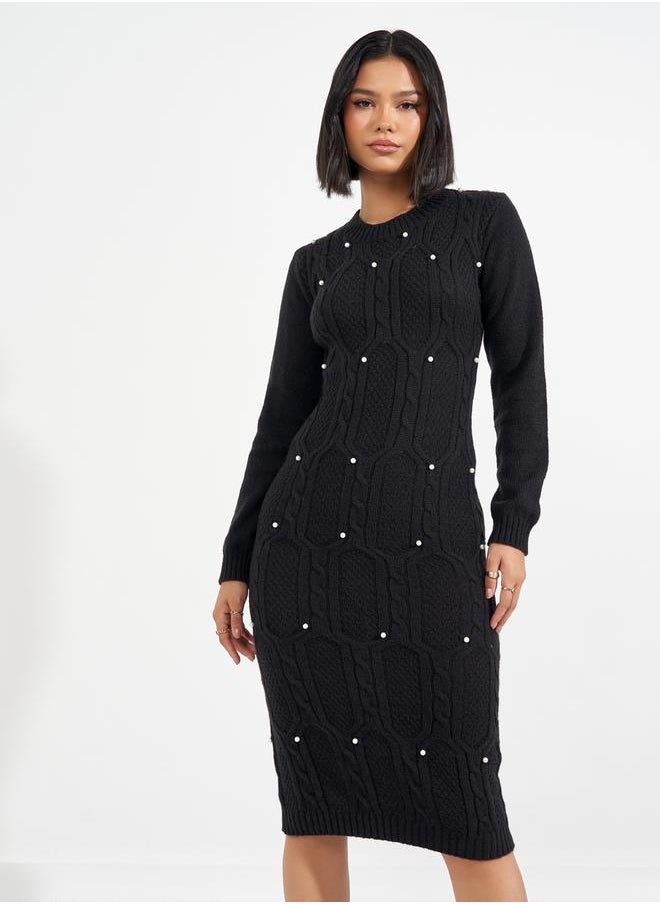 Styli Chunky Cable Knit Embellished Sweater Midi Dress  - Image 5