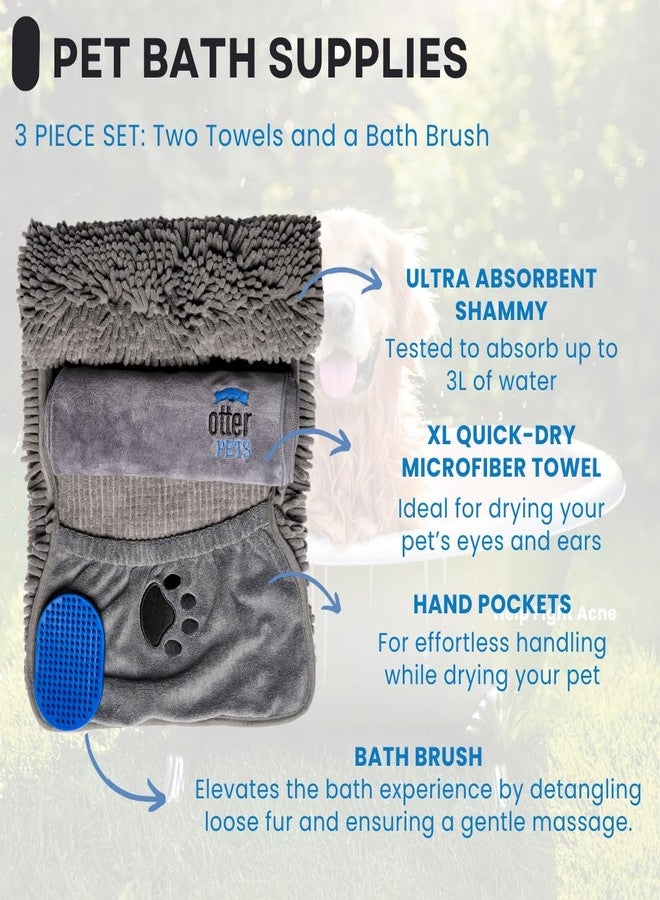 OtterPets 3 Piece Set: 2 Dog Towels and Dog Bath Brush. Dog Shammy and Microfiber Dog Towel. Super Absorbent Towels, Dog Bath Supplies, Dog Scrubber for Bath - Image 2