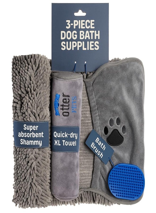 OtterPets 3 Piece Set: 2 Dog Towels and Dog Bath Brush. Dog Shammy and Microfiber Dog Towel. Super Absorbent Towels, Dog Bath Supplies, Dog Scrubber for Bath - Image 1