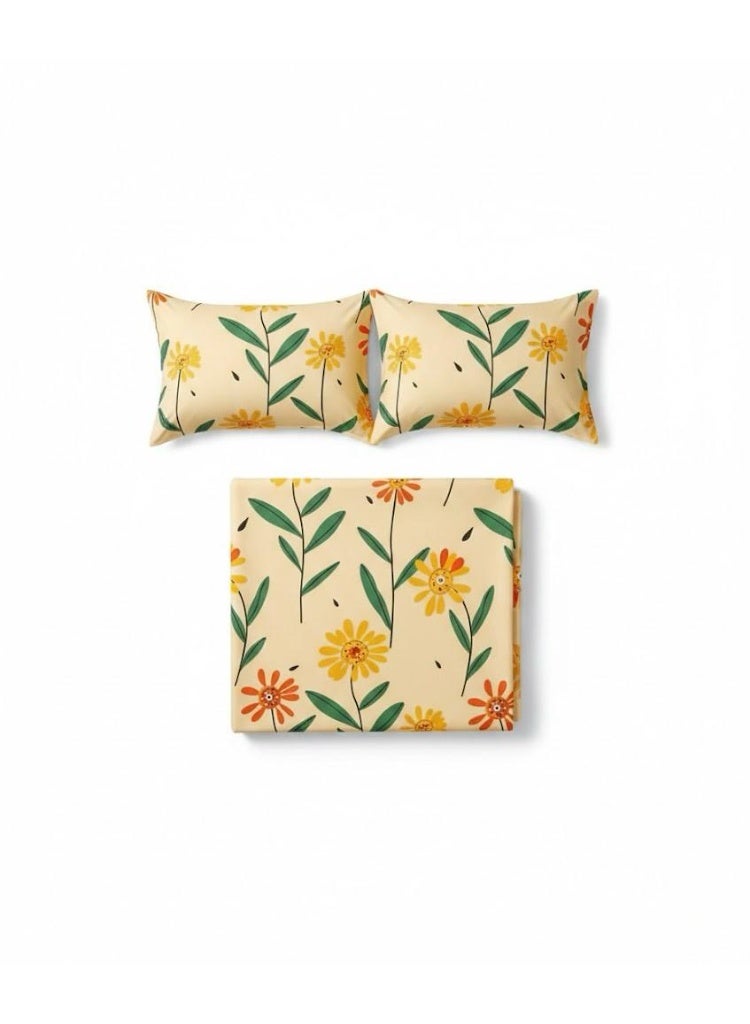 3-Piece 150 GSM Microfiber King Size Bed Sheet Set - Cheerful Sunflower Daisy Print on Yellow, Includes 1 Flat Sheet (270x250 CM) & 2 Pillowcases (50x75 CM) - Image 3