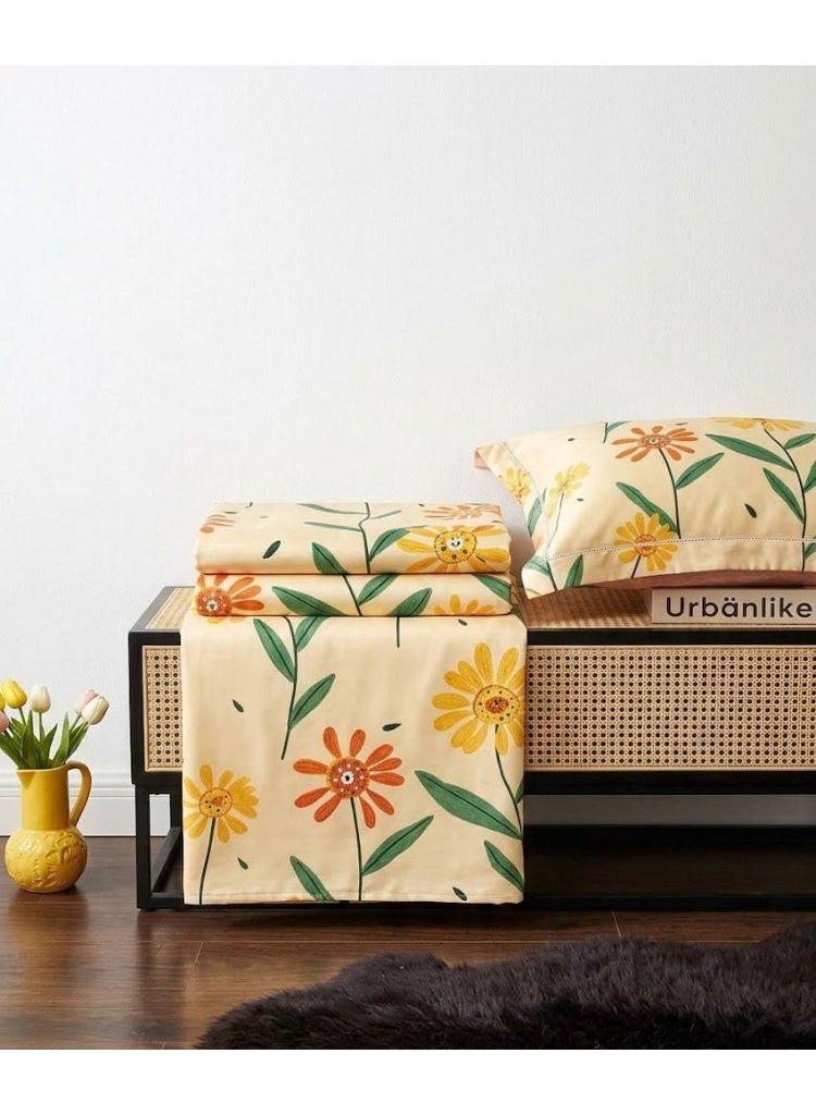 3-Piece 150 GSM Microfiber King Size Bed Sheet Set - Cheerful Sunflower Daisy Print on Yellow, Includes 1 Flat Sheet (270x250 CM) & 2 Pillowcases (50x75 CM) - Image 4