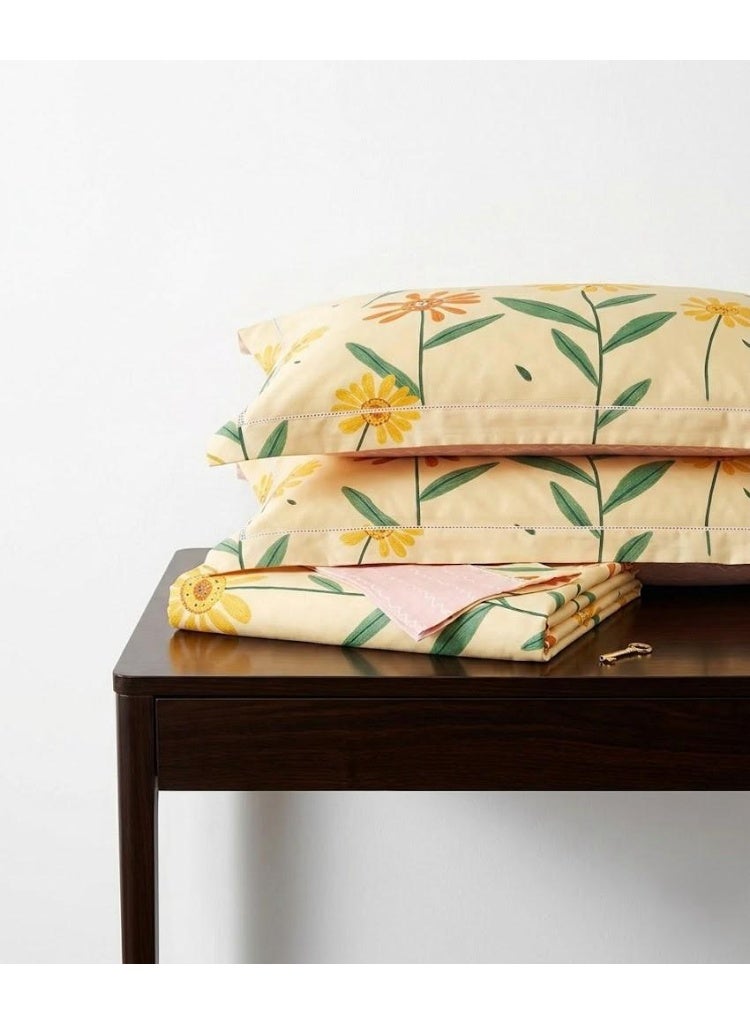3-Piece 150 GSM Microfiber King Size Bed Sheet Set - Cheerful Sunflower Daisy Print on Yellow, Includes 1 Flat Sheet (270x250 CM) & 2 Pillowcases (50x75 CM) - Image 2