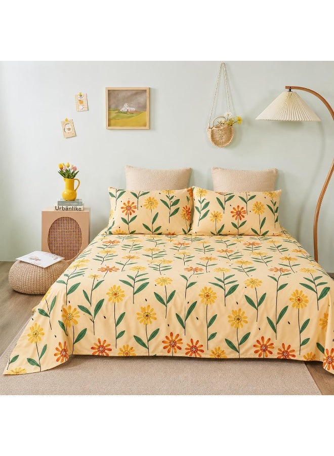 3-Piece 150 GSM Microfiber King Size Bed Sheet Set - Cheerful Sunflower Daisy Print on Yellow, Includes 1 Flat Sheet (270x250 CM) & 2 Pillowcases (50x75 CM) - Image 1