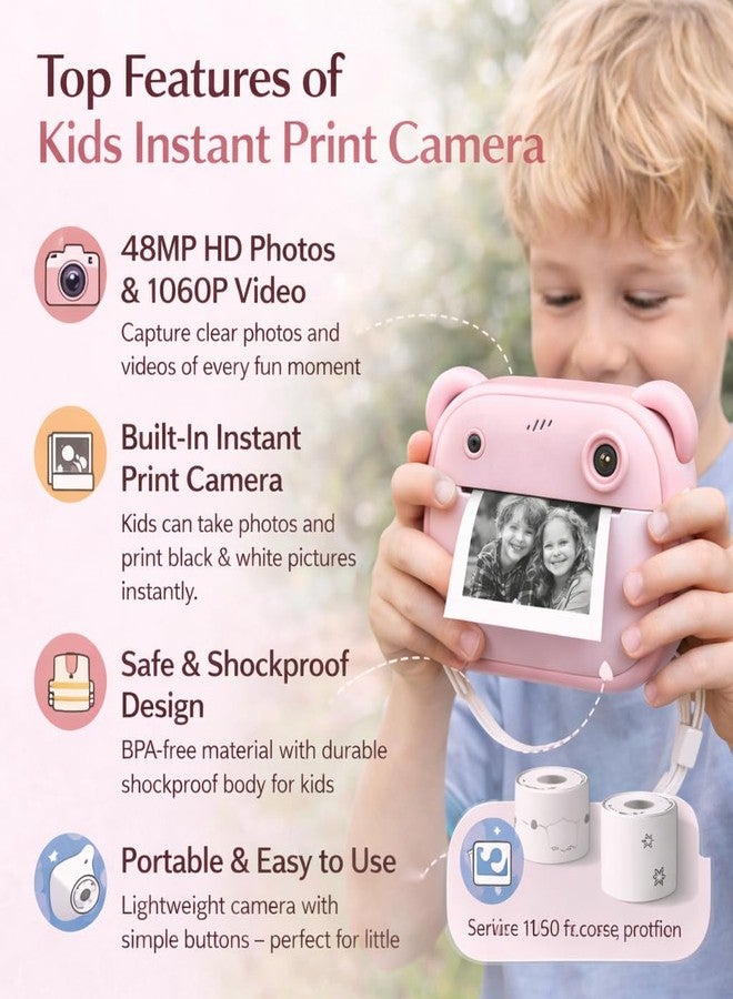 Casaquin Kids Instant Print Camera with Mini HD Photo & 1080P Video, Selfie Digital Toy for Boys & Girls, Portable Instant Photo Printer with 2 Thermal Paper Rolls, Colour Subject to Availability - Image 3