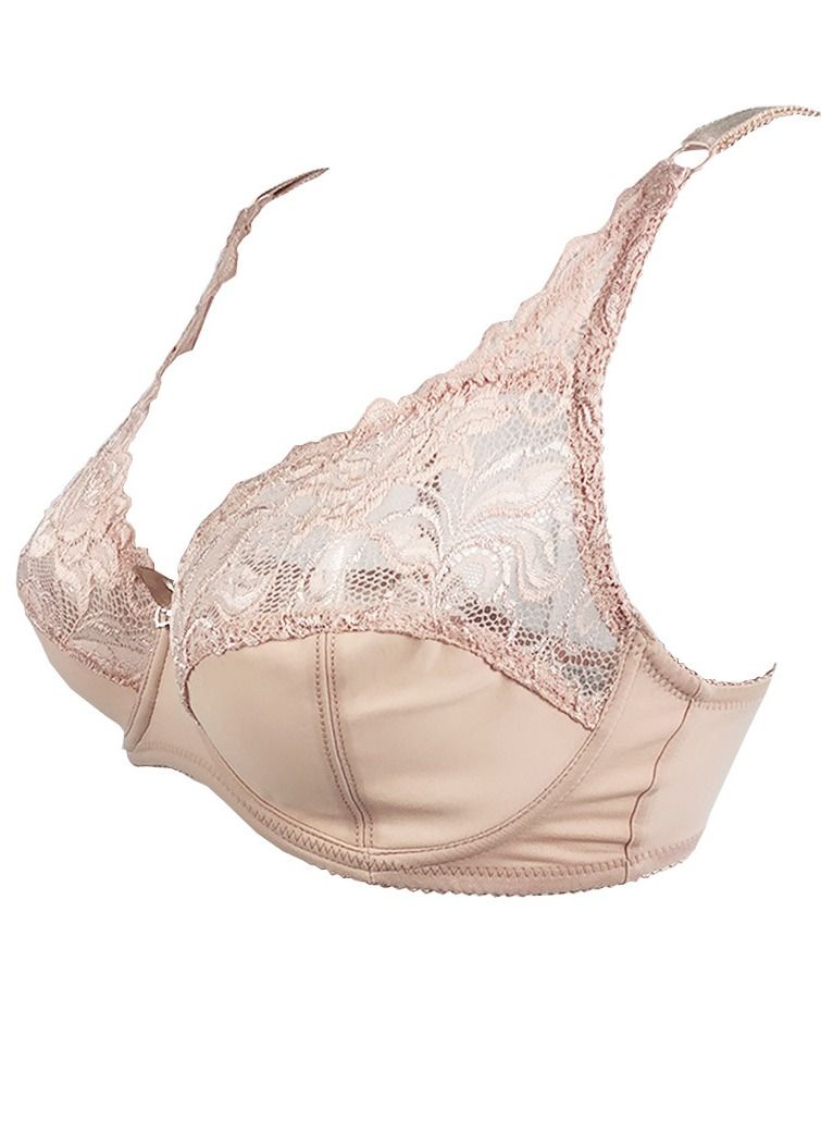 Loquat Solid Color Ultra Thin Lace Bra Large size Bra Women's Underwear Beige 