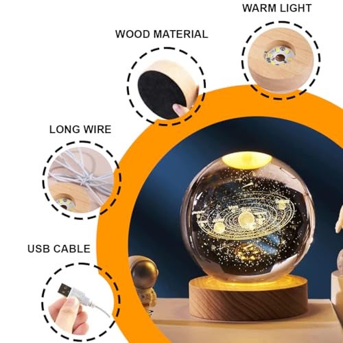 fizzytech 3D Solar System Crystal Ball Night Light, with Removable Glow Ball, Crystal Glass Art Wooden Base Led Display Stand for Office Decor, Home, Office, Bedside Lamp(3D Globle) - Image 2