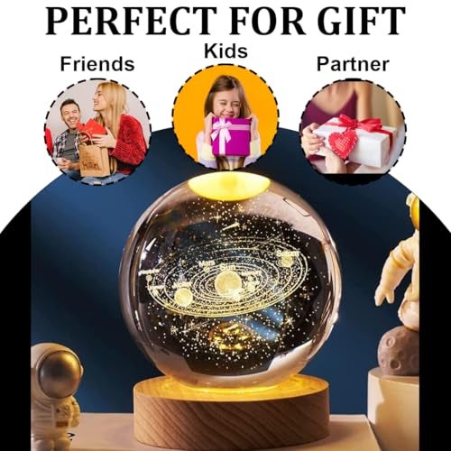 fizzytech 3D Solar System Crystal Ball Night Light, with Removable Glow Ball, Crystal Glass Art Wooden Base Led Display Stand for Office Decor, Home, Office, Bedside Lamp(3D Globle) - Image 4