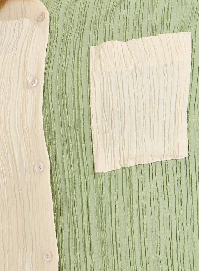 Styli Textured Color Block Shirt with Turn-Up Sleeve
