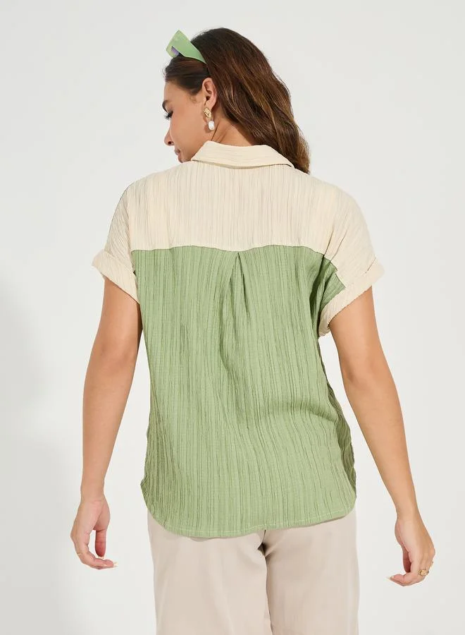 Styli Textured Color Block Shirt with Turn-Up Sleeve