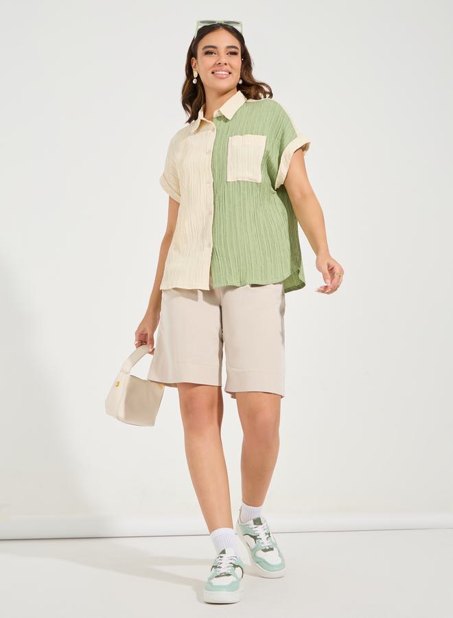 Styli Textured Color Block Shirt with Turn-Up Sleeve  - Image 2