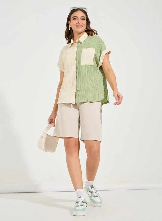 Styli Textured Color Block Shirt with Turn-Up Sleeve