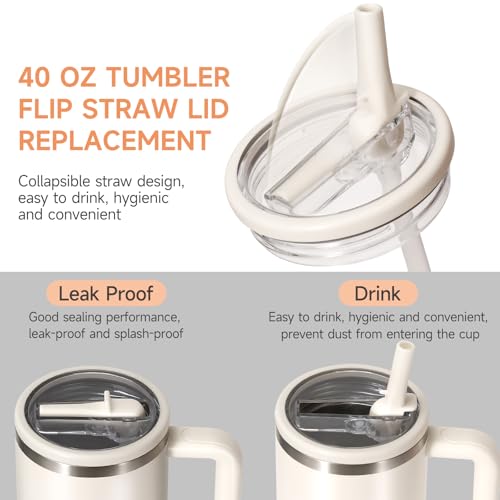 ANTAND 2 Pack Leakproof Lid Replacement 40 oz for Stanley Cup Accessories, Flip Straw Tumbler Leak Proof Lids for Stanley Quencher H2.0, Dust-Proof Straw Cover for stanley cups 40oz (Beige, White) - Image 5